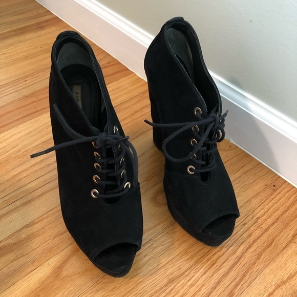 Diane Von Furstenberg Payton Black Wedge Boots Peep Toe Lace Up Black Su… - Picture 2 of 10